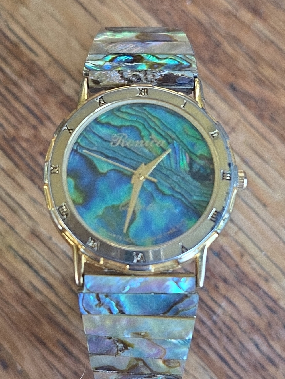Ladies Vtg Abalone Shell Dial & Bracelet Gold-Tone Watch Stretch Band Paris Movt